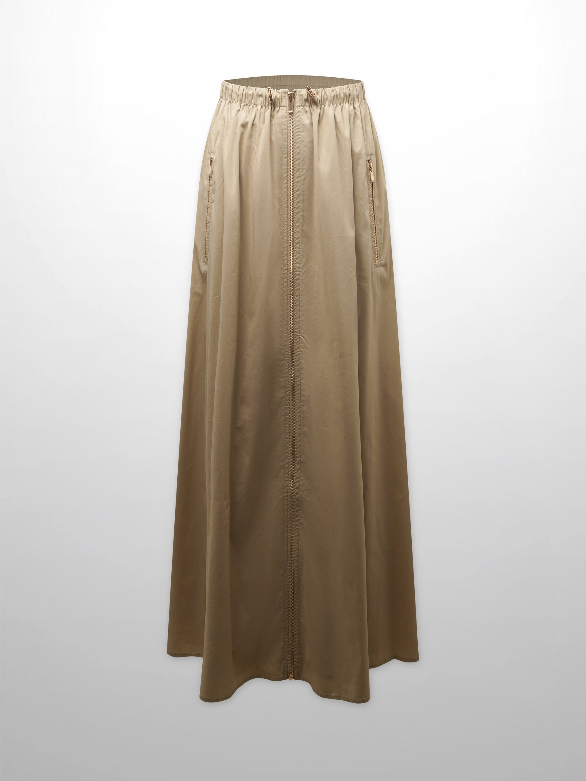 Front Zipper Cotton Circle Skirt-Tan-1