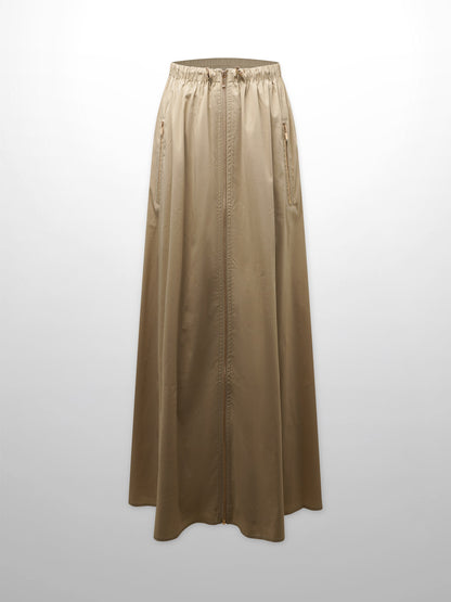 Front Zipper Cotton Circle Skirt-Tan-1