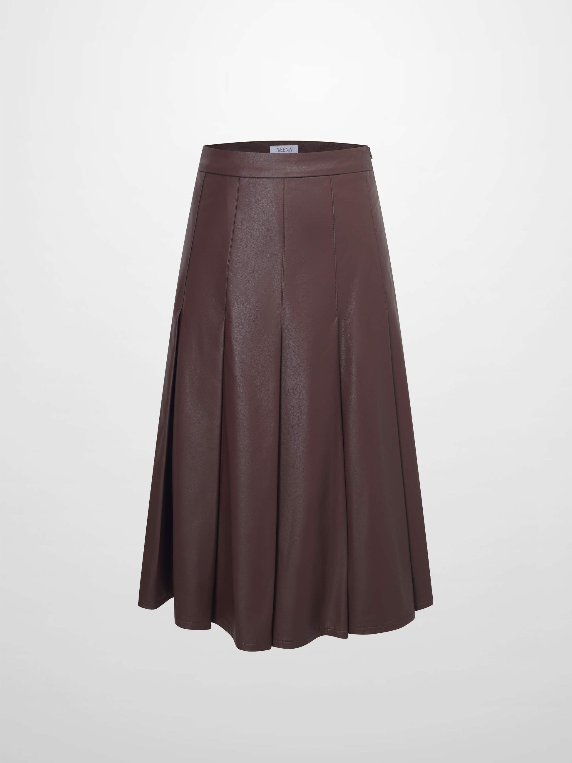 Faux Leather Stitch Down Pleated Skirt-Brown-1