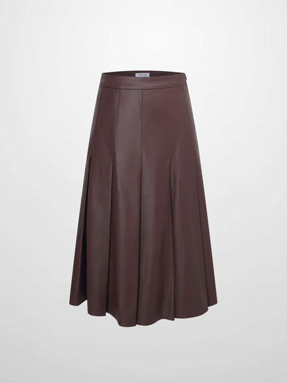 Faux Leather Stitch Down Pleated Skirt-Brown-1