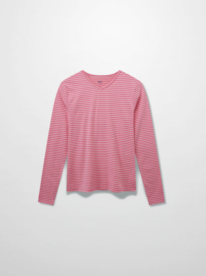Flat Striped High V Long Sleeve-Pink/White-0