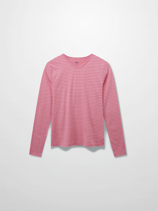 Flat Striped High V Long Sleeve-Pink/White-0