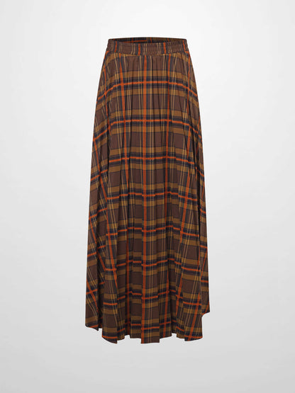 Covered Band Pleated Skirt-Brown/Orange Plaid-1