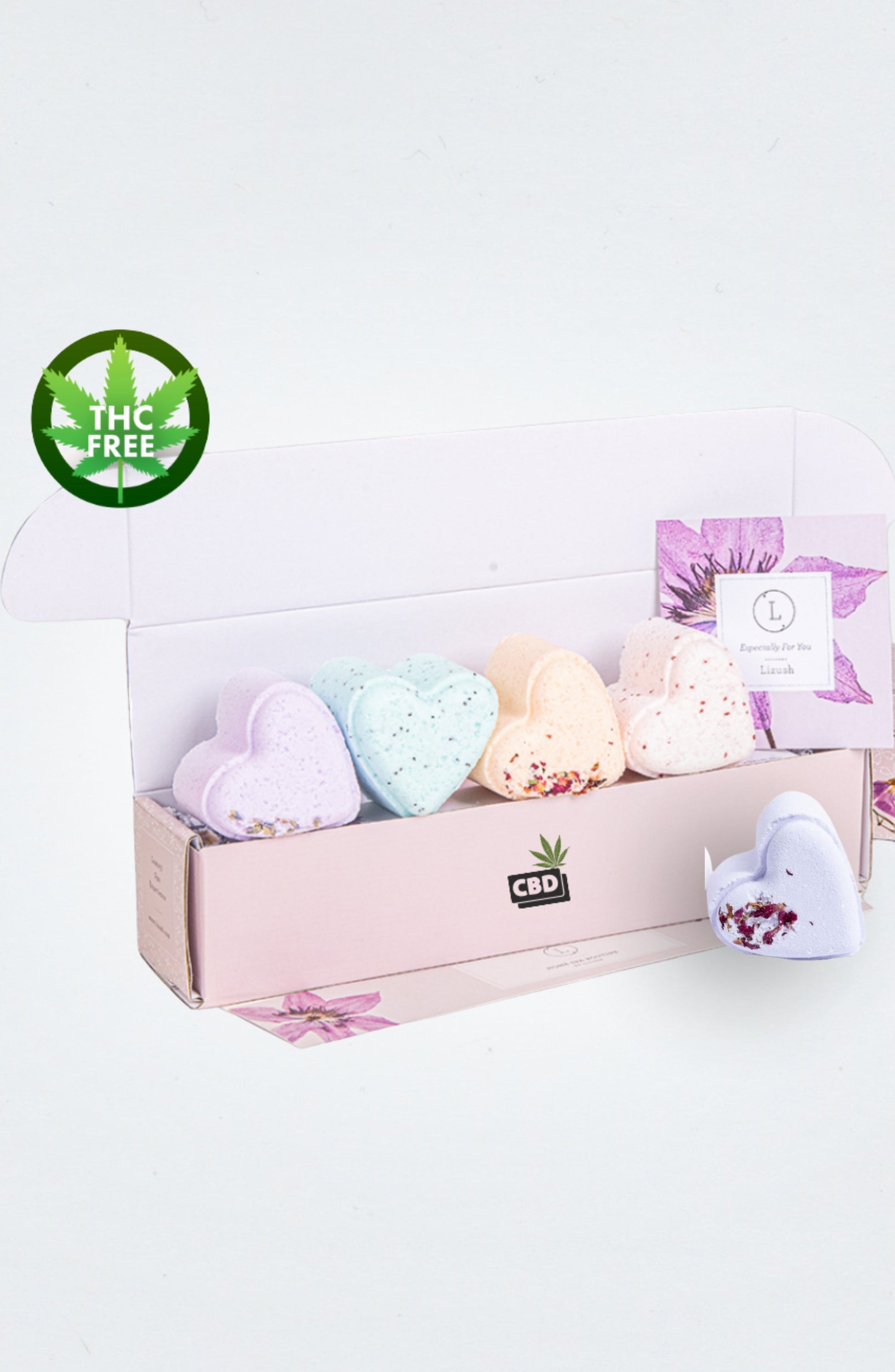 Bath Bombs with CBD -  5 Hearts Shaped with CBD - in a Gift Box - Can be personalized. (THC free)-1