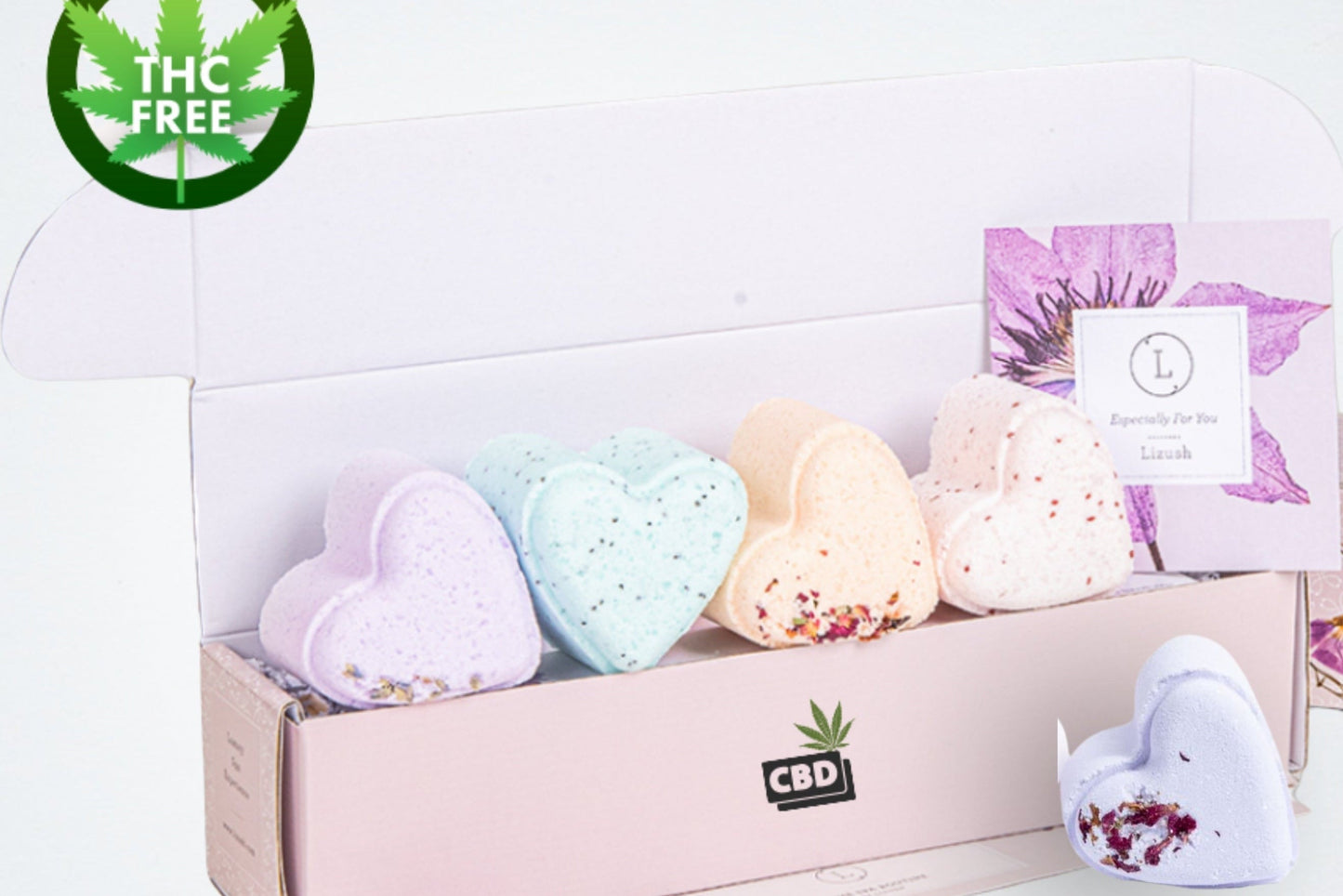 CBD -  5 Hearts Shaped Shower Steamers/ fizzies with CBD - in a Gift Box - Can be personalized. (THC free)-0