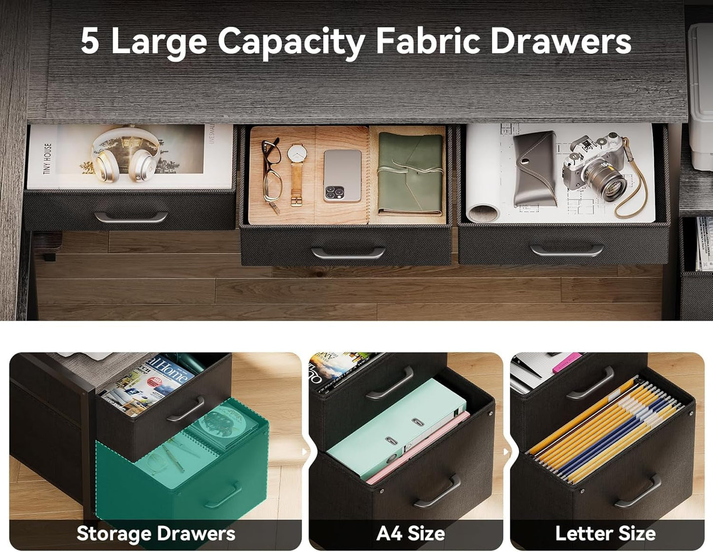 79 Inch L Shaped Desk with File Drawers, Reversible L Shaped Gaming Desk with Power Outlets & LED Lights, Computer Desk with Storage Shelves for Home Office, Grey Oak-3