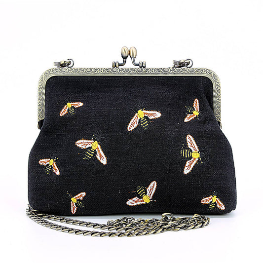 Bees Kisslock Handbag: Black-0