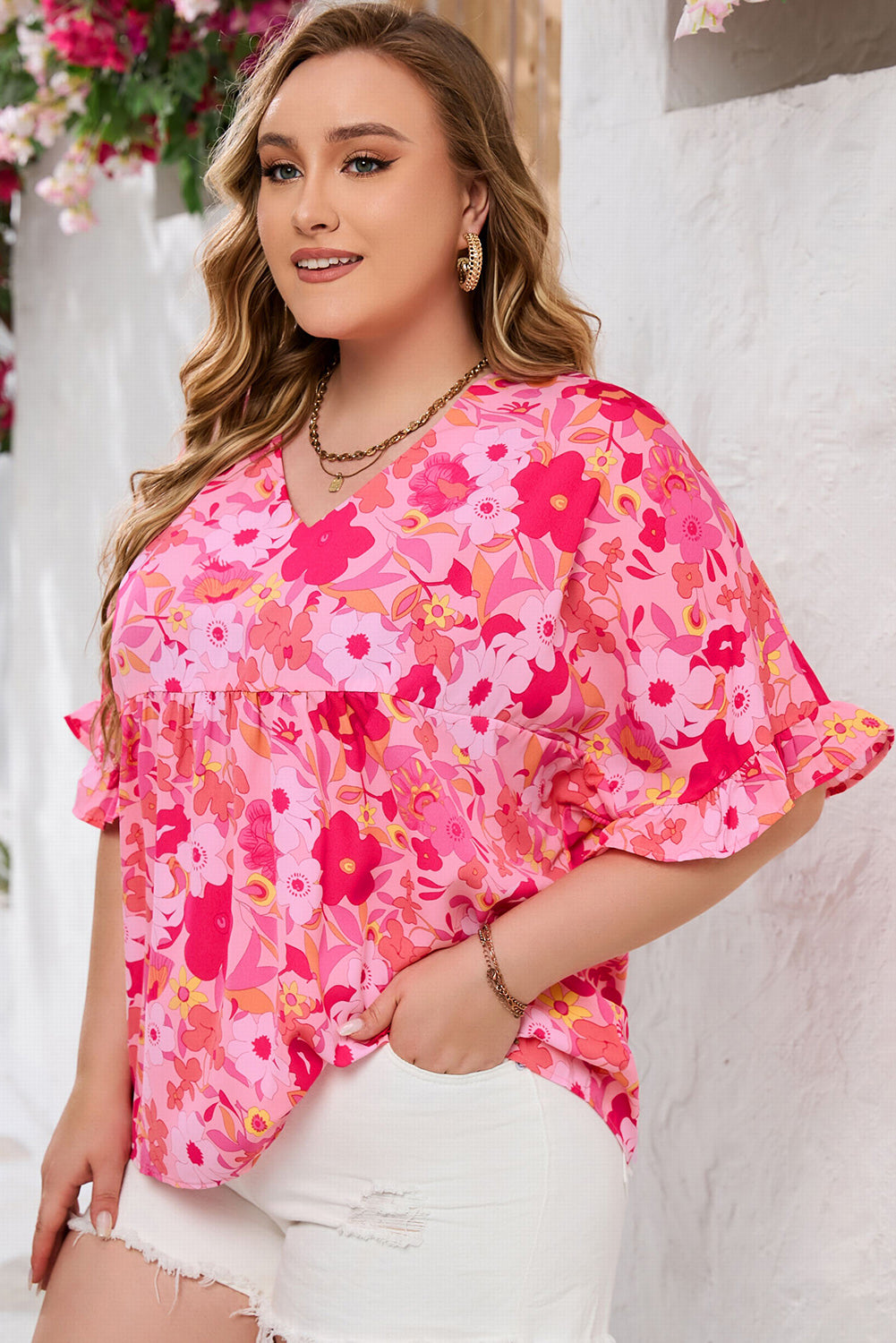 Kaiya Floral Print Ruffled Half Sleeve Plus Size Babydoll Blouse-2