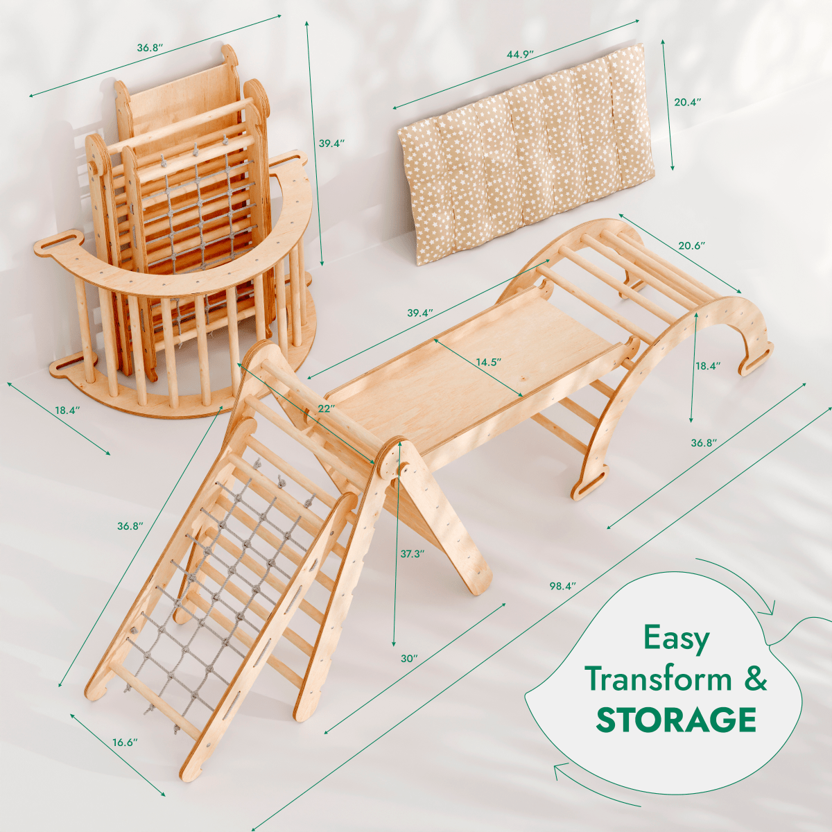 5in1 Montessori Climbing Set: Triangle Ladder + Arch/Rocker + Slide Board/Ramp + Netting rope + Cushion-1