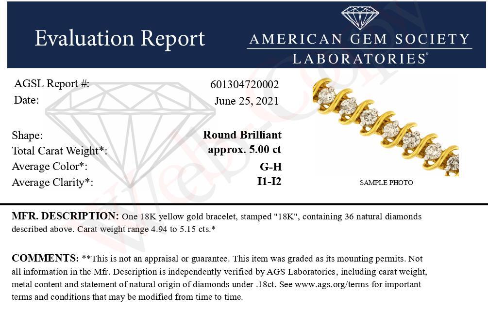 AGS Certified 18K Yellow Gold 5.00 Cttw "S" Link Wrapped 2-Prong Set Round Brilliant Diamond Tennis Bracelet (G-H Color, I1-I2 Clarity) - Size 7-3