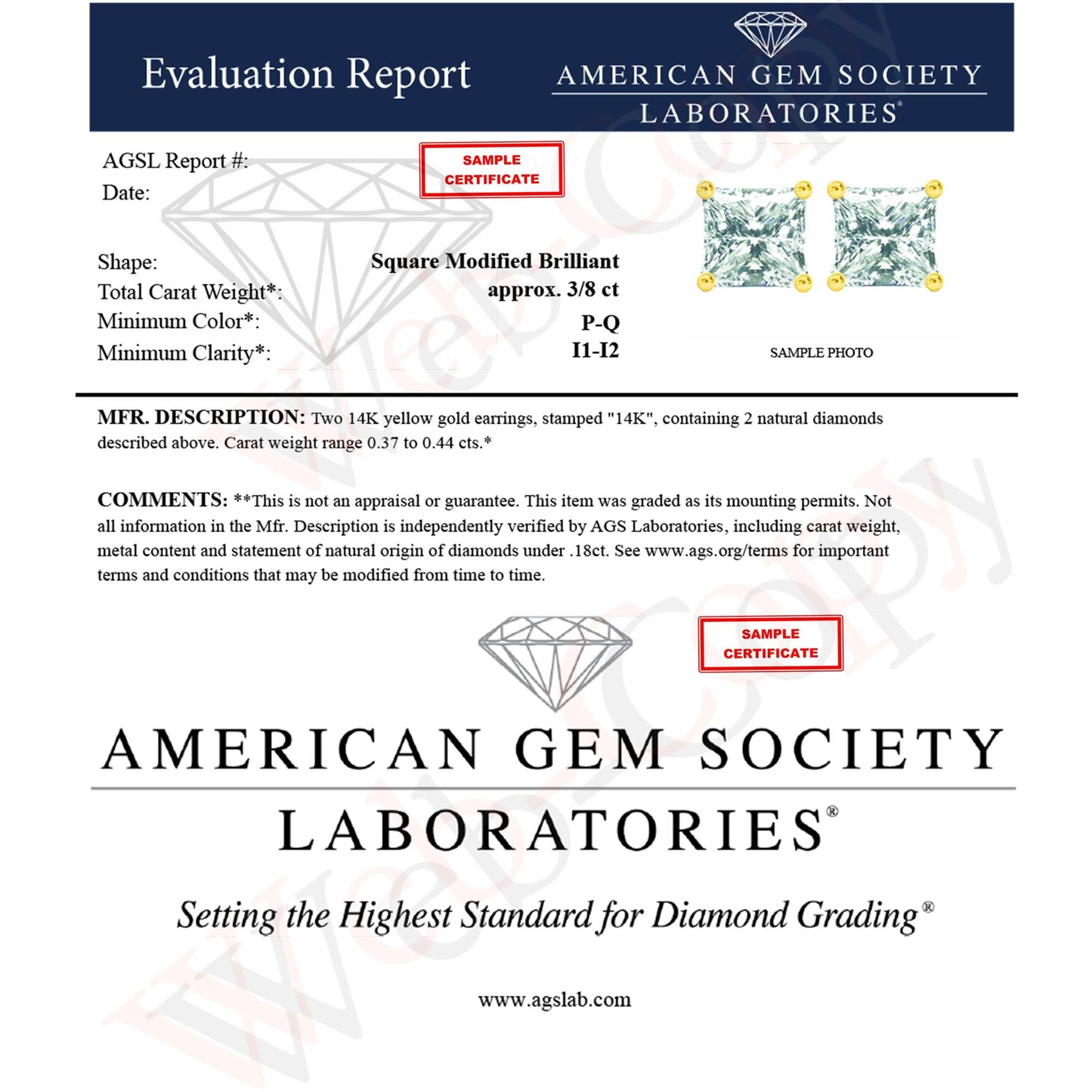 AGS Certified Princess-Cut Square Diamond 4-Prong Solitaire Stud Earrings in 14K Gold (P-Q Color, I1-I2 Clarity)-4