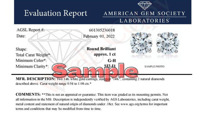 AGS Certified 14K White Gold 1.0 Cttw 4-Prong Set Brilliant Round-Cut Solitaire Diamond Push Back Stud Earrings (G-H Color, SI2-I1 Clarity)-3