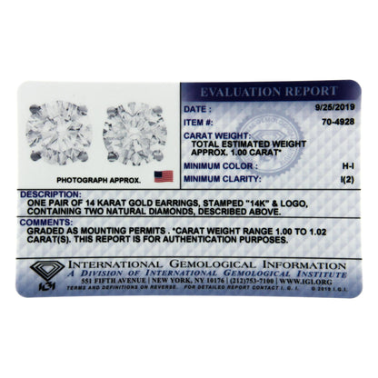 IGI Certified 1.00 Cttw Round Brilliant-Cut Diamond 14K White Gold Classic 4-Prong Solitaire Stud Earrings (H-I Color, I1-I2 Clarity)-3