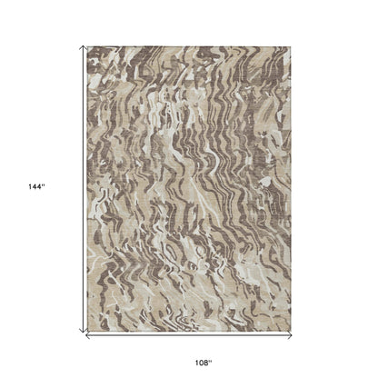 9' X 12' Beige Brown And Ivory Abstract Washable Indoor Outdoor Area Rug-2