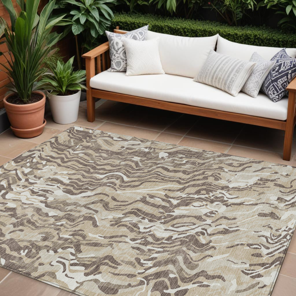 9' X 12' Beige Brown And Ivory Abstract Washable Indoor Outdoor Area Rug-0