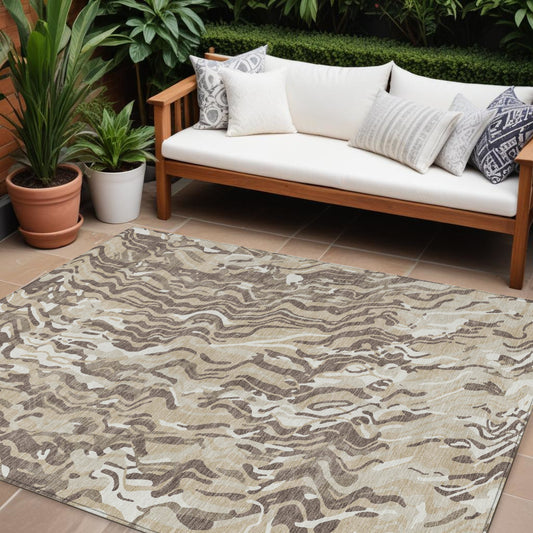 9' X 12' Beige Brown And Ivory Abstract Washable Indoor Outdoor Area Rug-0