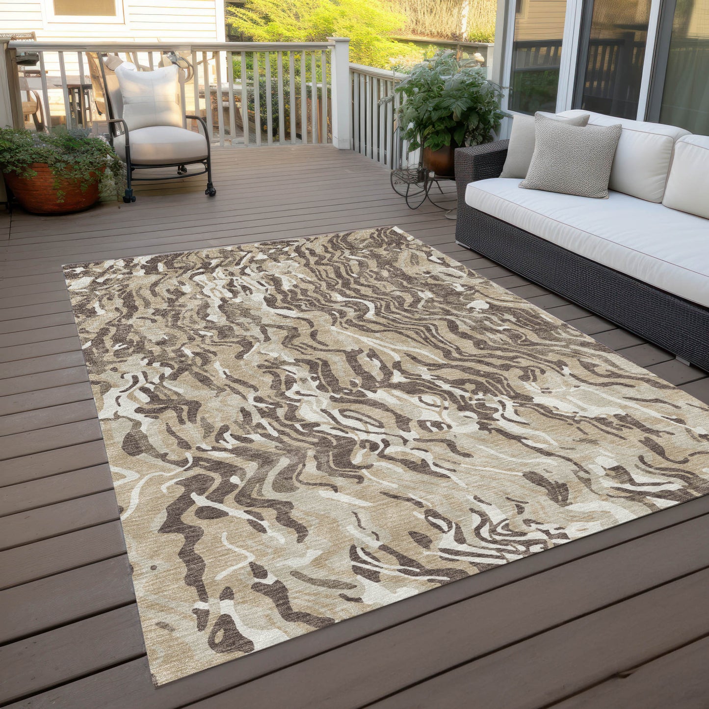 9' X 12' Beige Brown And Ivory Abstract Washable Indoor Outdoor Area Rug-6