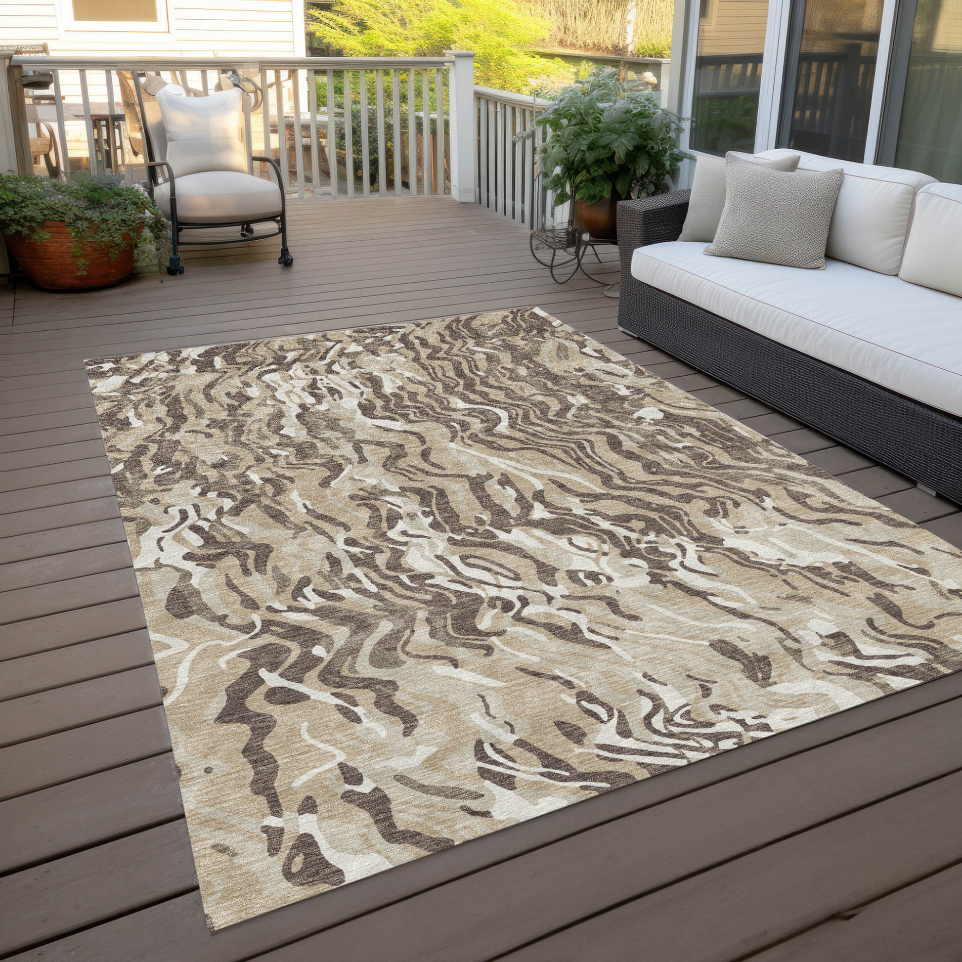9' X 12' Beige Brown And Ivory Abstract Washable Indoor Outdoor Area Rug-6
