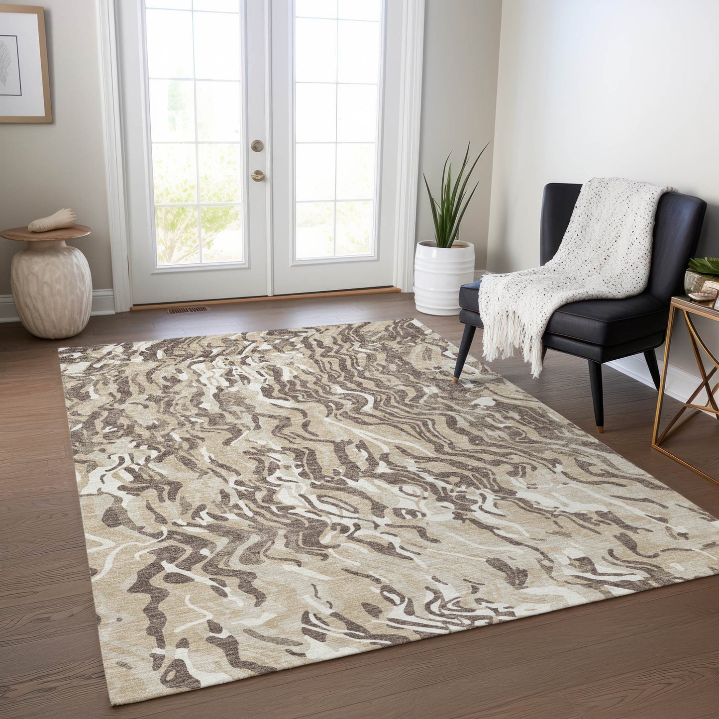 9' X 12' Beige Brown And Ivory Abstract Washable Indoor Outdoor Area Rug-7