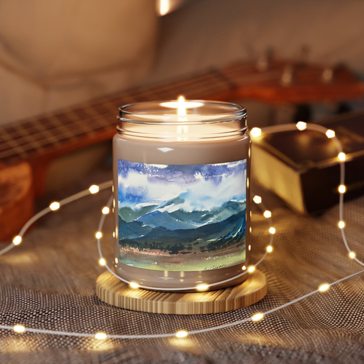 9oz Eco-Friendly Scented or Unscented Soy Wax Candle Jar with 'Tranquil Mountain View 3' Artwork by American Artist Barbara Cleary-2
