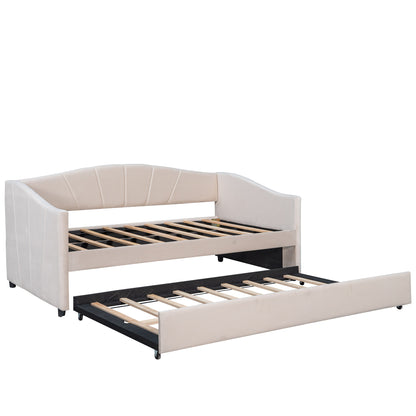 Beige Upholstered Twin Bed Frame With Trundle-8
