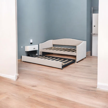 Beige Upholstered Twin Bed Frame With Trundle-1