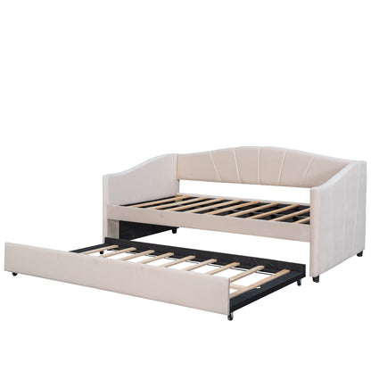 Beige Upholstered Twin Bed Frame With Trundle-0