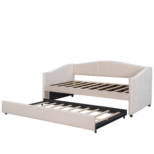 Beige Upholstered Twin Bed Frame With Trundle-0