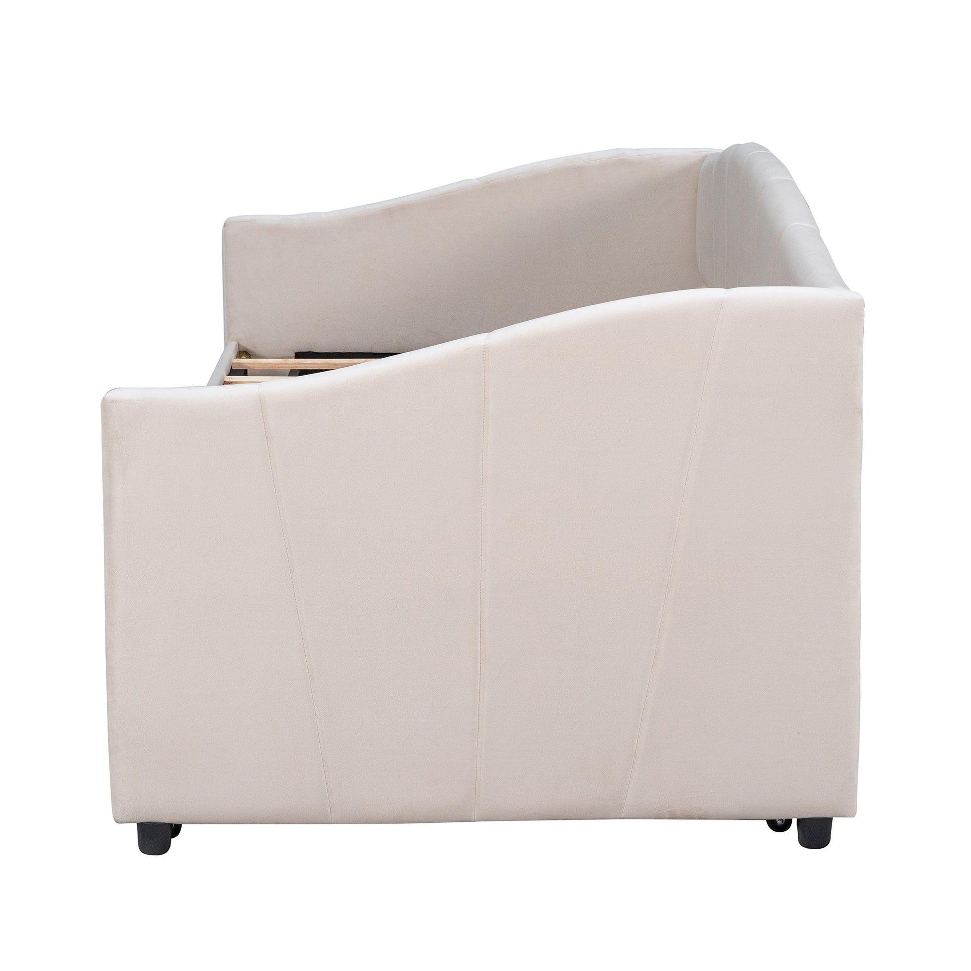 Beige Upholstered Twin Bed Frame With Trundle-2