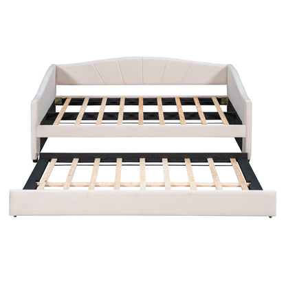 Beige Upholstered Twin Bed Frame With Trundle-3