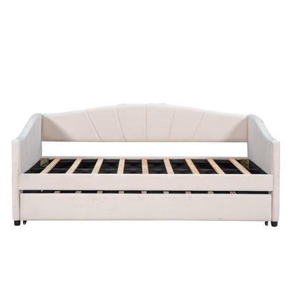 Beige Upholstered Twin Bed Frame With Trundle-4