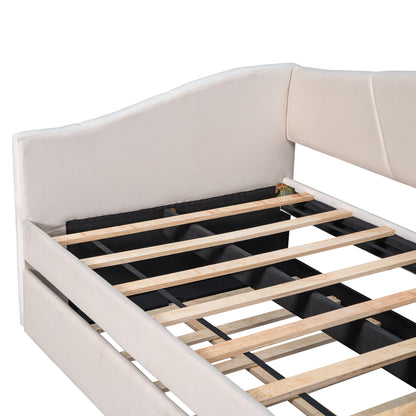 Beige Upholstered Twin Bed Frame With Trundle-6