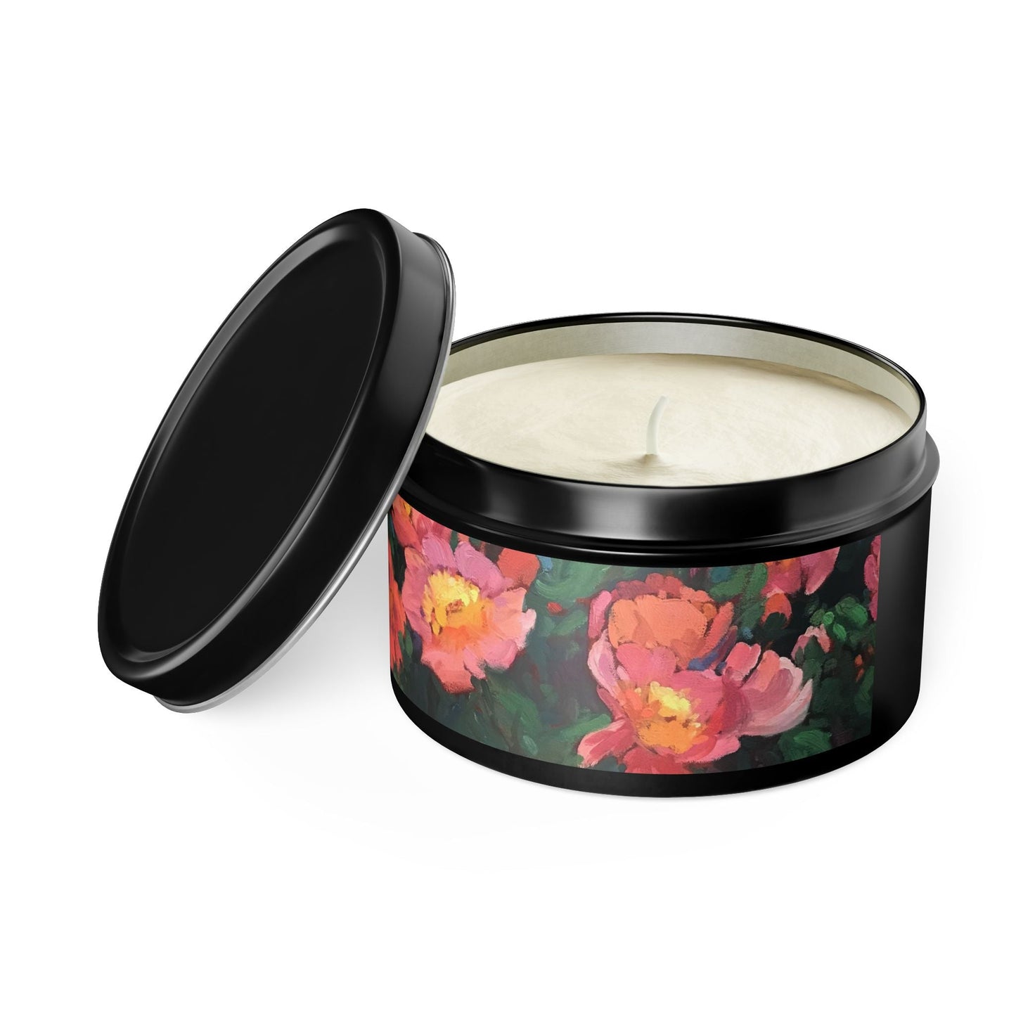 8oz Eco-Friendly Scented or Unscented Soy Wax Candle Tin with 'Pink Princess' Floral Artwork by American Artist Barbara Cleary-1