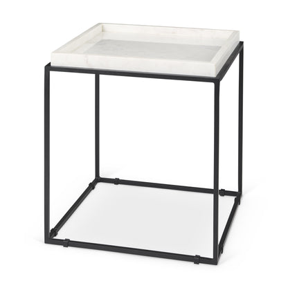 20" White and Black Marble and Metal Square Frame End Table-1