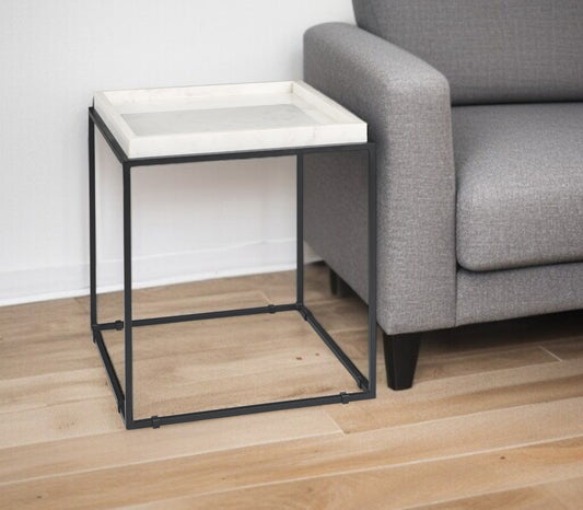 20" White and Black Marble and Metal Square Frame End Table-0