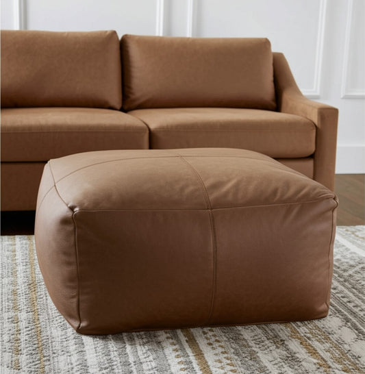 22" Brown Genuine Leather Pouf Ottoman-0