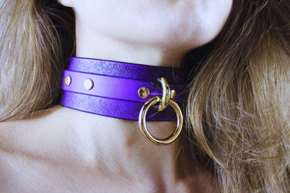 Floral Pattern Submissive Collar – Purple Leather Discreet Day Choker-4