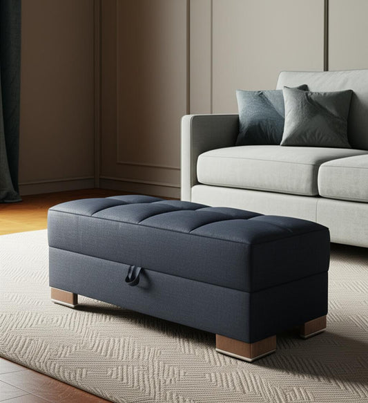 50" Dark Blue and Brown Chenille Storage Ottoman-0