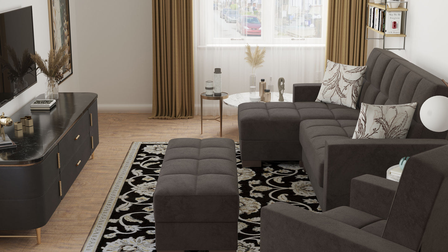 52" Brown Tufted Chenille And Faux Leather Storage Ottoman-4