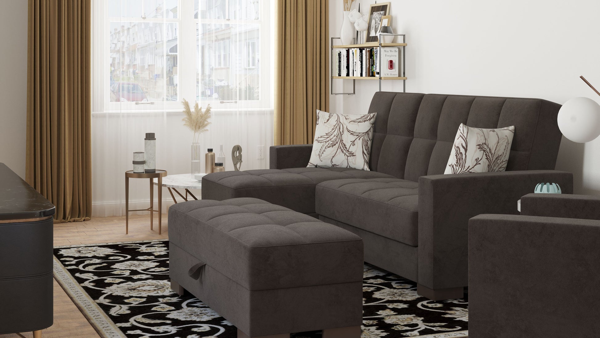 52" Brown Tufted Chenille And Faux Leather Storage Ottoman-7