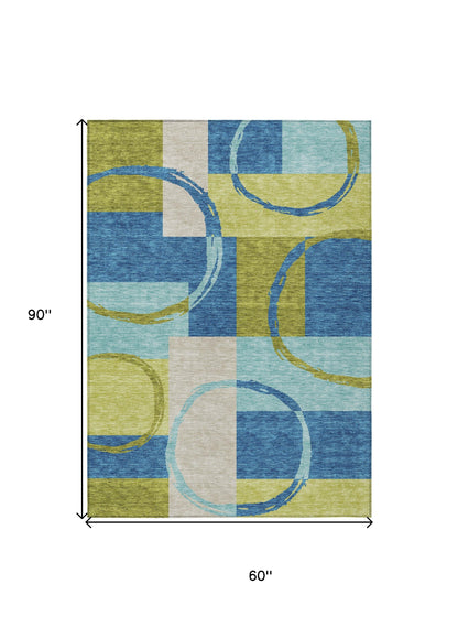 5' X 8' Denim Blue And Lime Green Geometric Washable Indoor Outdoor Area Rug-2