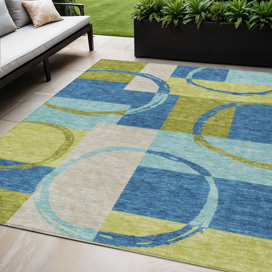 5' X 8' Denim Blue And Lime Green Geometric Washable Indoor Outdoor Area Rug-0