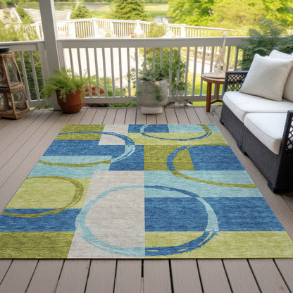 5' X 8' Denim Blue And Lime Green Geometric Washable Indoor Outdoor Area Rug-6