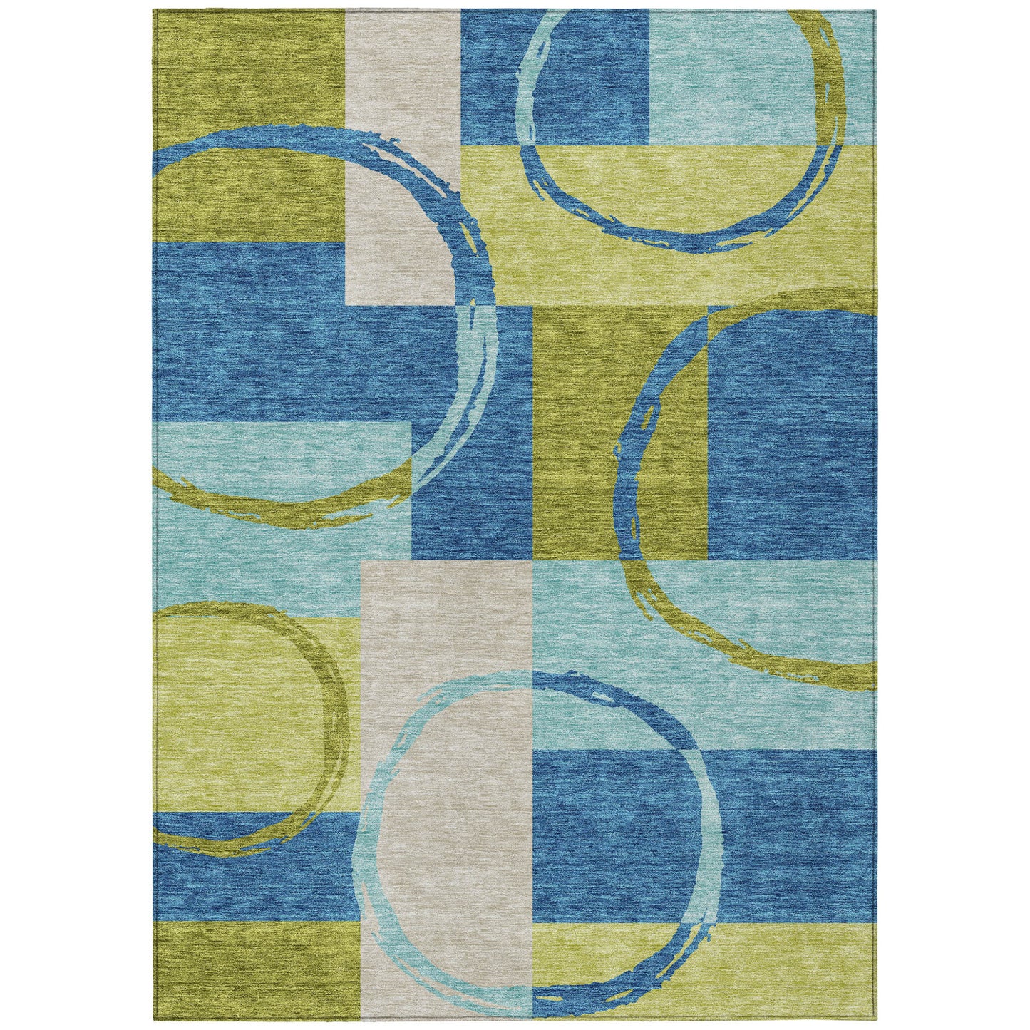 5' X 8' Denim Blue And Lime Green Geometric Washable Indoor Outdoor Area Rug-1