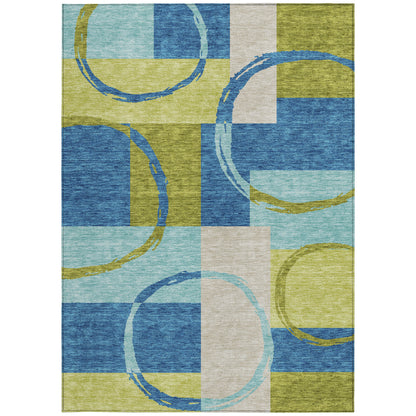 5' X 8' Denim Blue And Lime Green Geometric Washable Indoor Outdoor Area Rug-4