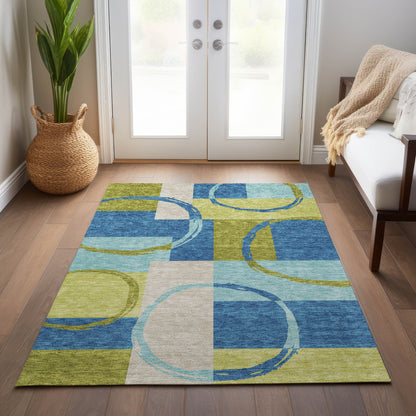 5' X 8' Denim Blue And Lime Green Geometric Washable Indoor Outdoor Area Rug-8