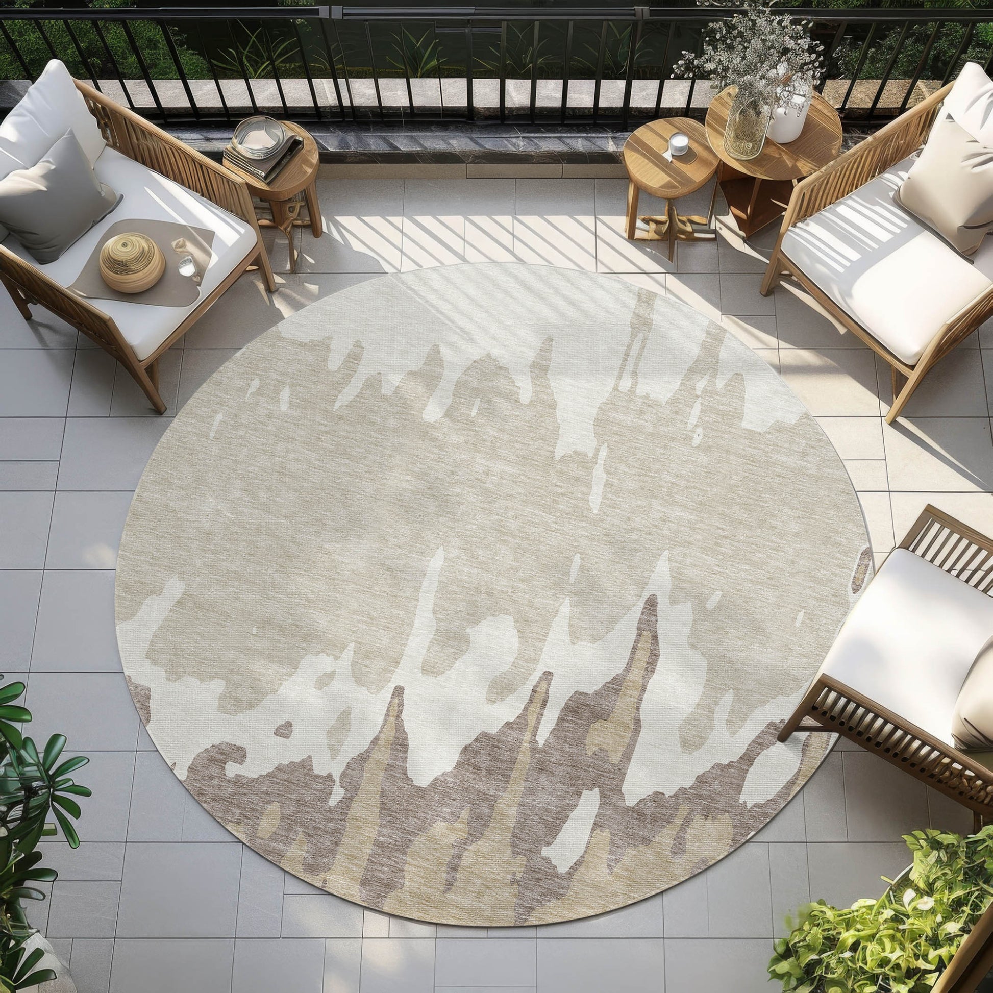 8' Ivory And Beige Round Abstract Washable Indoor Outdoor Area Rug-5