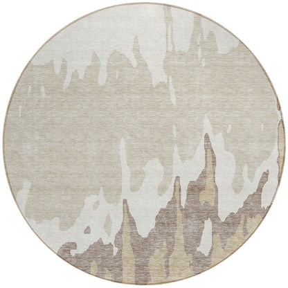 8' Ivory And Beige Round Abstract Washable Indoor Outdoor Area Rug-4