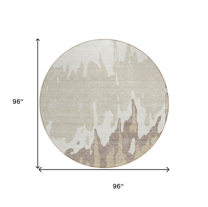 8' Ivory And Beige Round Abstract Washable Indoor Outdoor Area Rug-2