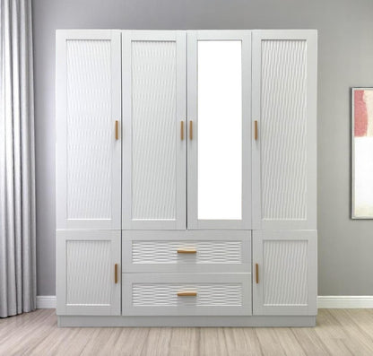 75" White Ribbed Texture Wood Mirrored Six Door Two Drawer Combo Dresser-0